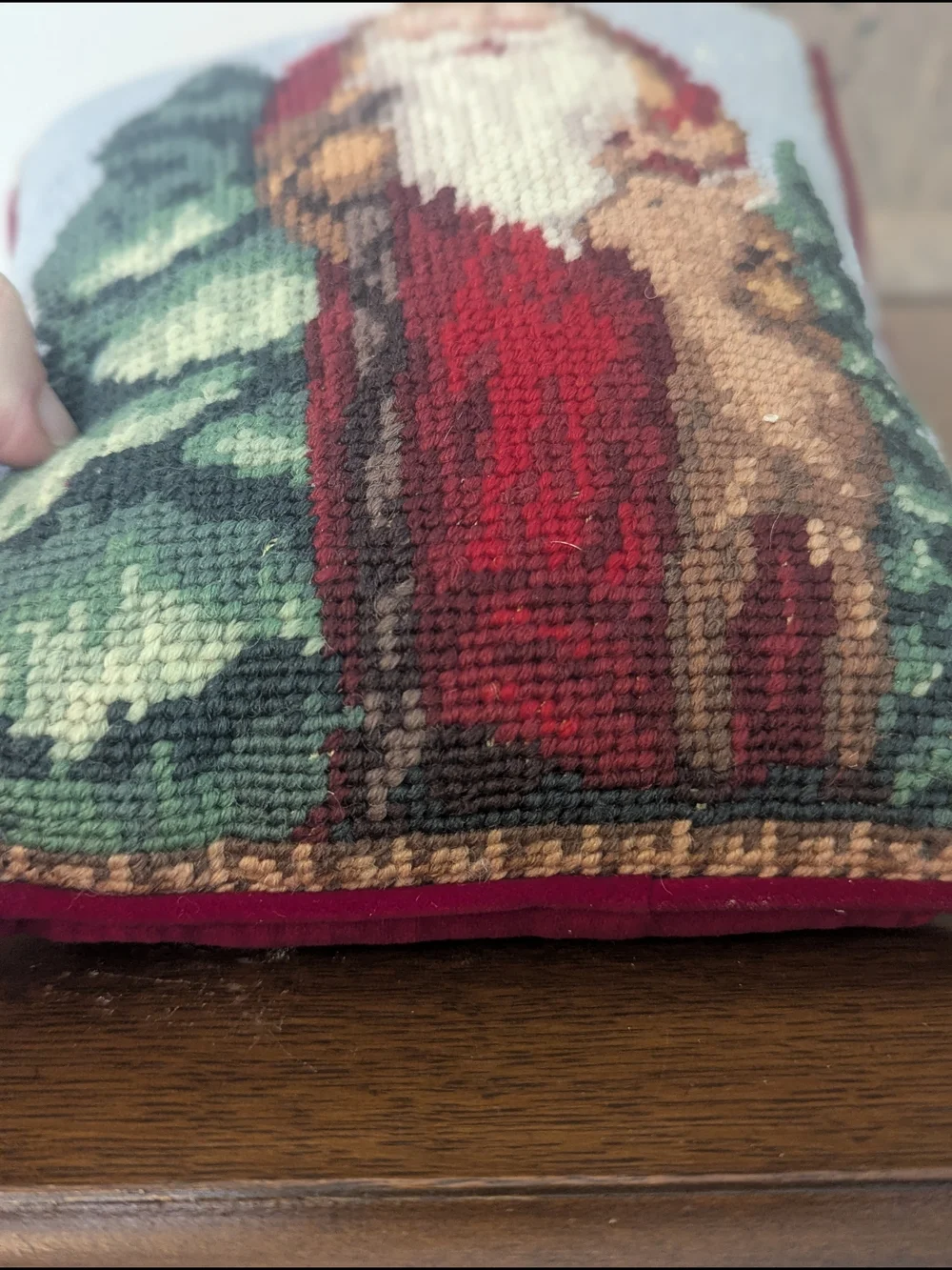 Hand-Stitched Santa Claus Christmas Needlepoint Pillow Vintage